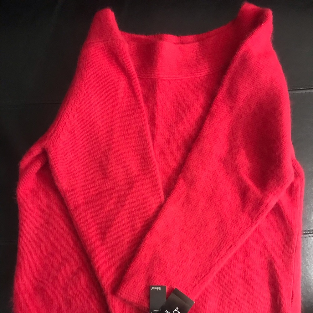 Red RAFELLA cashmere wide neck sweater.